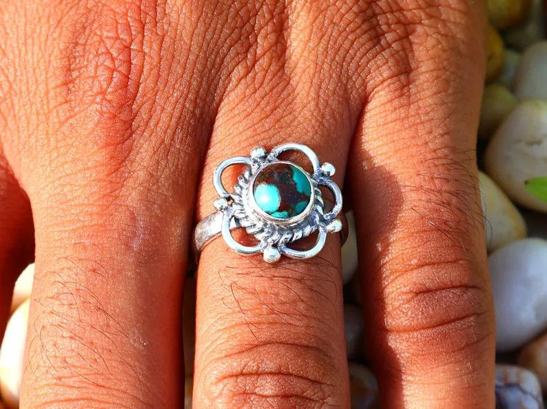 Handmade Turquoise Silver Ring, Flower Gemstone, December Birthstone Size ONE SIZE - 9 Thumbnail