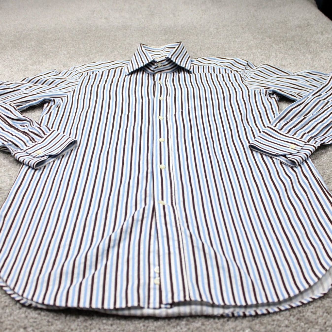 Etro ETRO Dress Shirt Mens 39 Blue/Brown Striped 100% Cotton Long Sleeve Button Up Shirt Size 40R - 3 Thumbnail