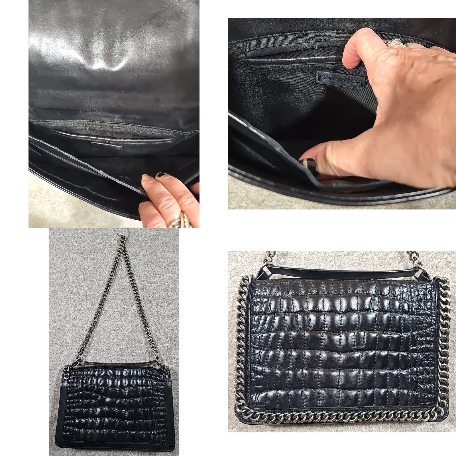 Zara Zara Women Leather Shoulder Bag Purse Heavy Chain Strap Crocodile Texture Black Rockabilly Gothic Punk Rock Bag Womens Medium Size ONE SIZE - 8 Thumbnail