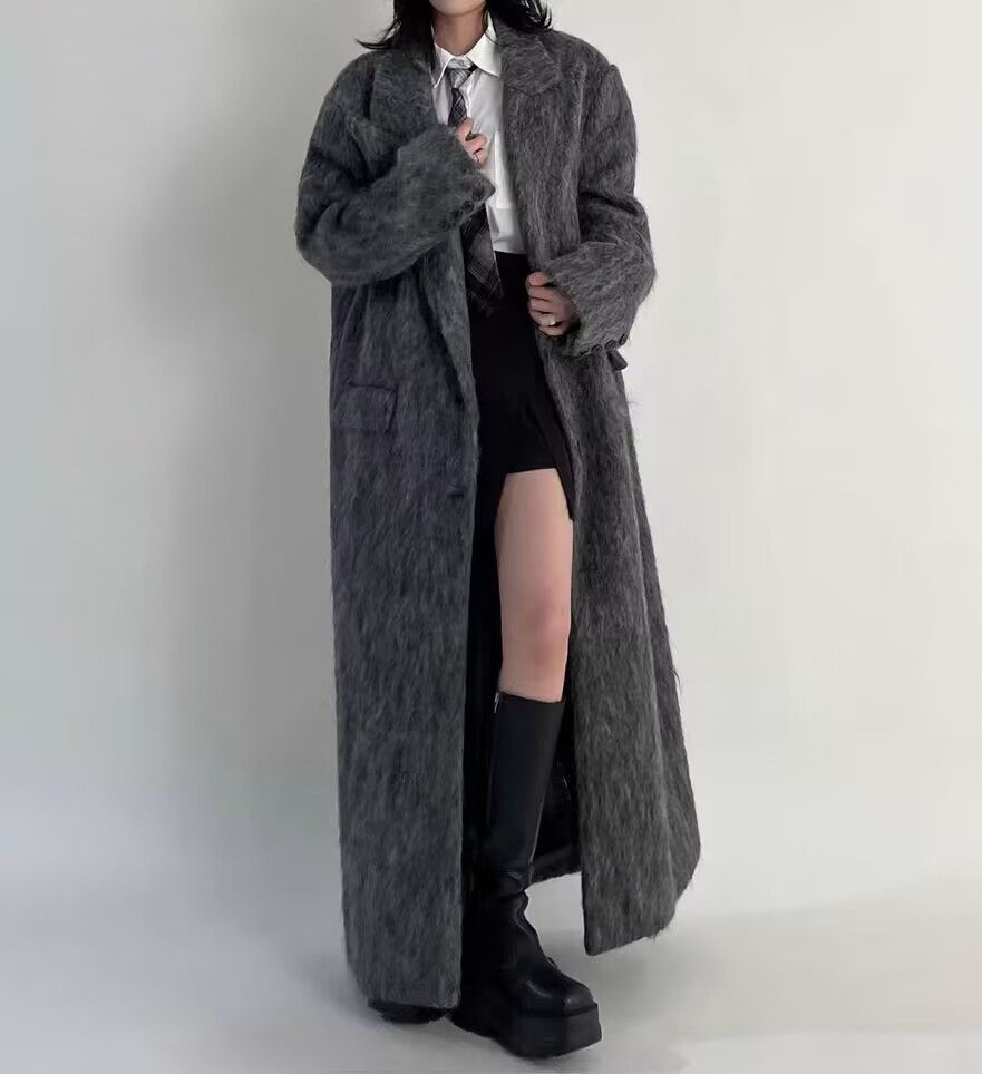 Image of Vintage Retro Korean Style Gray Extended Woolen Coat in Grey, Women's (Size Small)