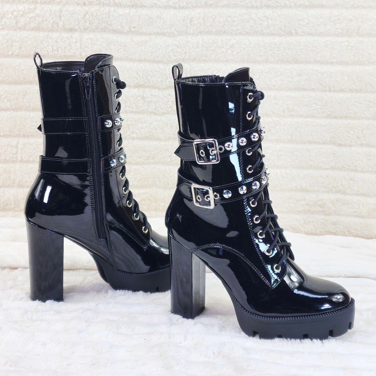 Other Shiney Black Patent Lug Sole Studded Strap Ankle Boots Tempt Size US 10 / IT 40 - 3 Thumbnail