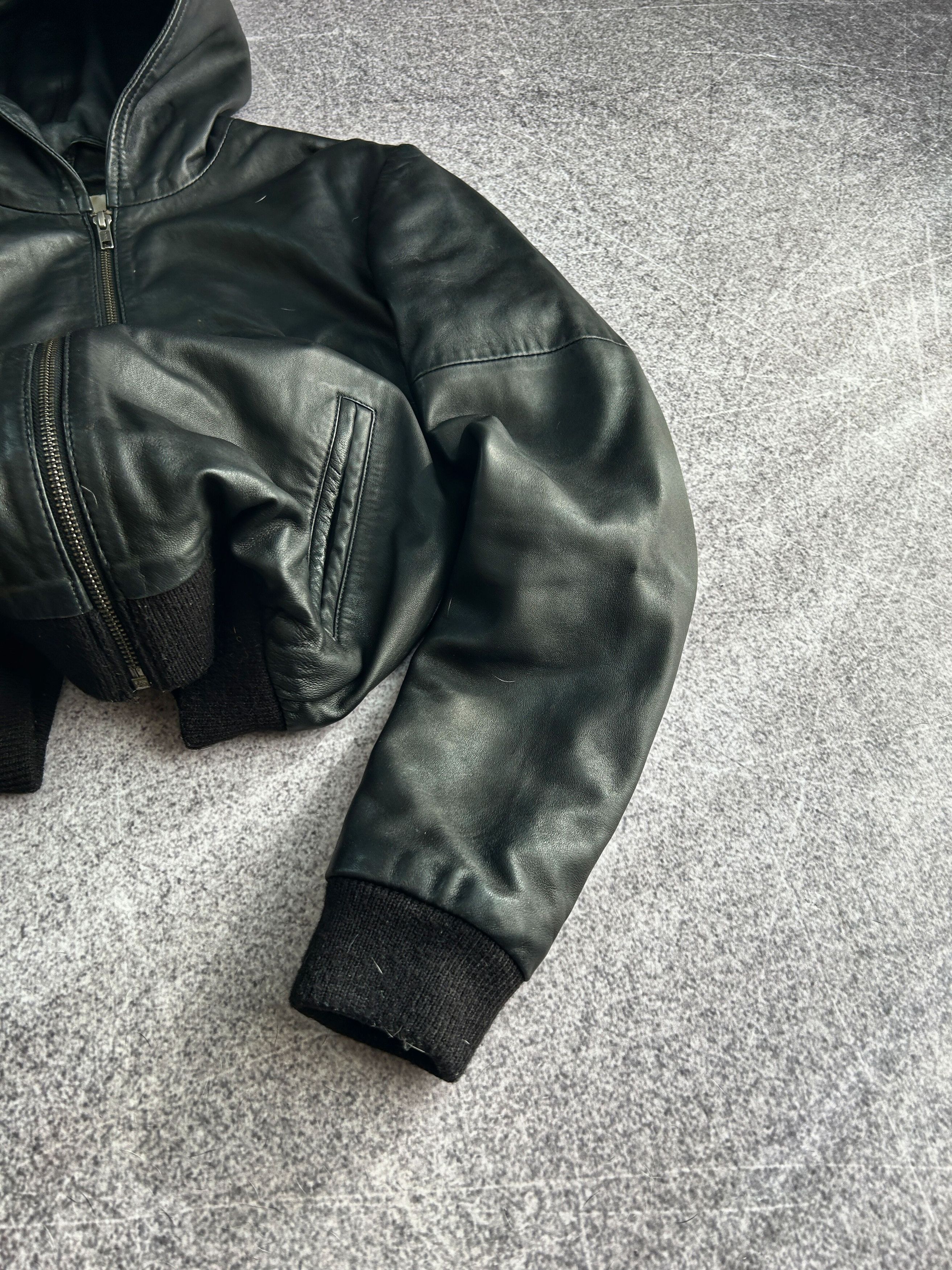Vintage Leather Hooded Jacket Cropped Minimalist Black Y2K Size US XS / EU 42 / 0 - 6 Thumbnail