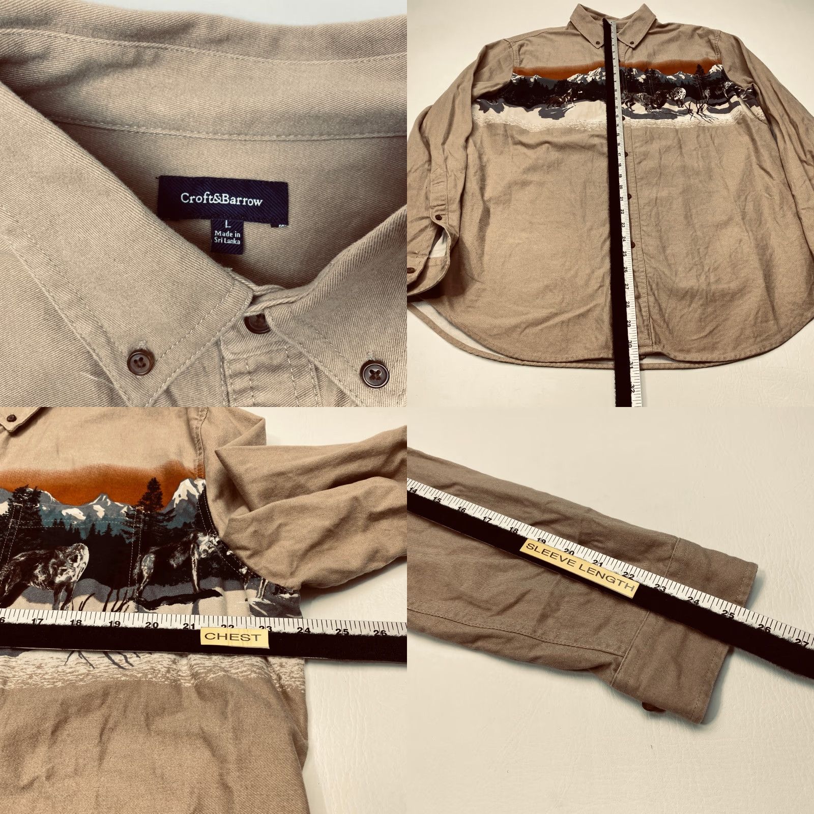 Croft & Barrow Croft Barrow Shirt Mens Large Wolf Pack Mountains Tan 100% Cotton Button-Up Casual Long Sleeve Size US L / EU 52-54 / 3 - 8 Thumbnail