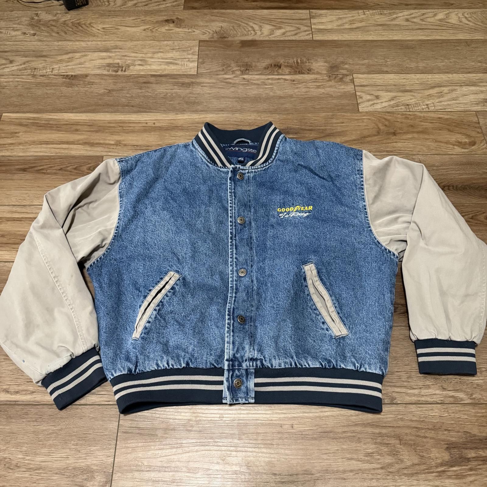 Swingster Vintage 90s NASCAR Goodyear Varsity Denim Bomber Jacket Size US L / EU 52-54 / 3 - 1 Thumbnail