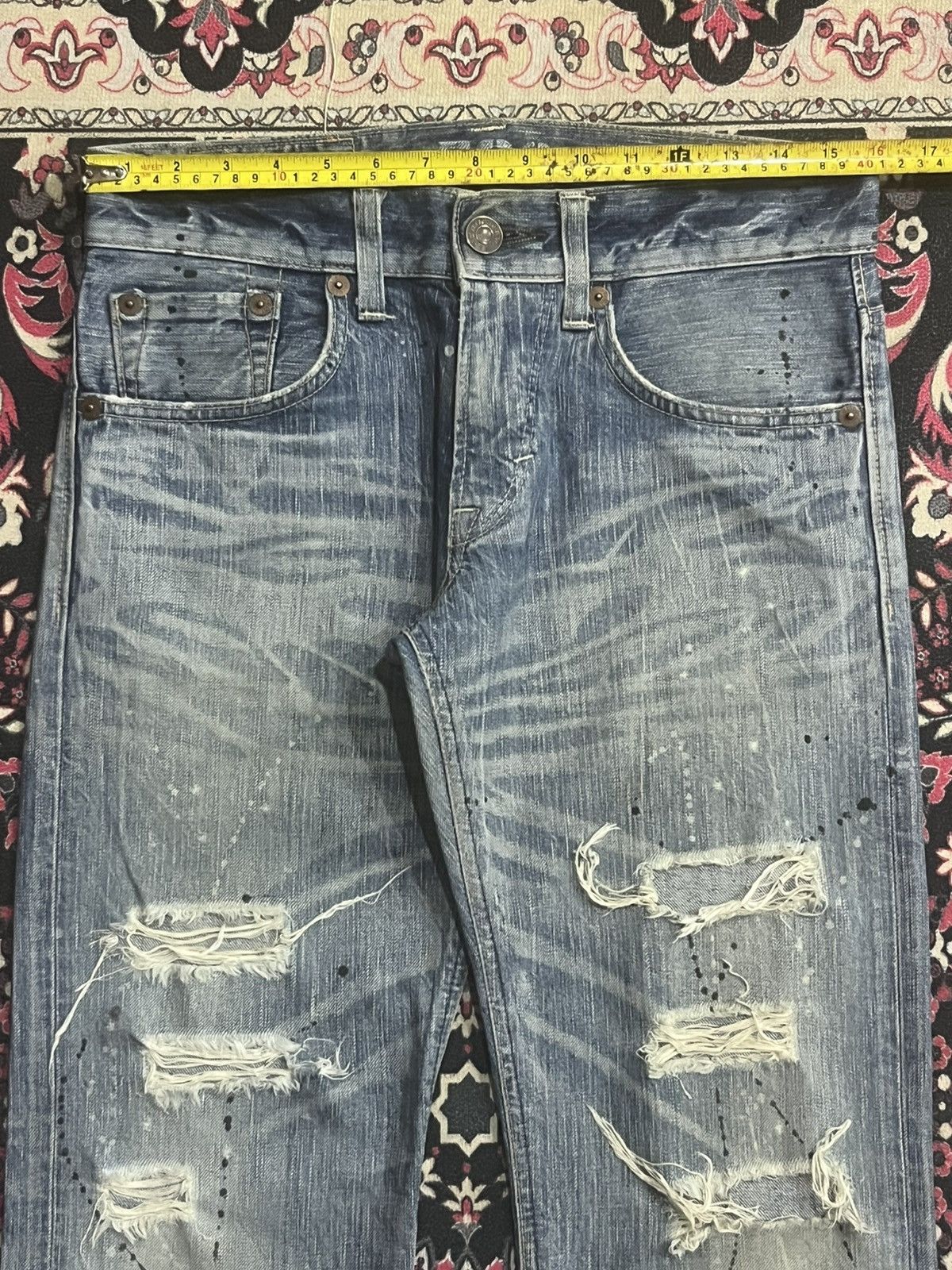 Tornado Mart Edwin 503 Blue Trip Distressed Paint Splattered Flare Jeans Size US 28 / EU 44 - 12 Thumbnail