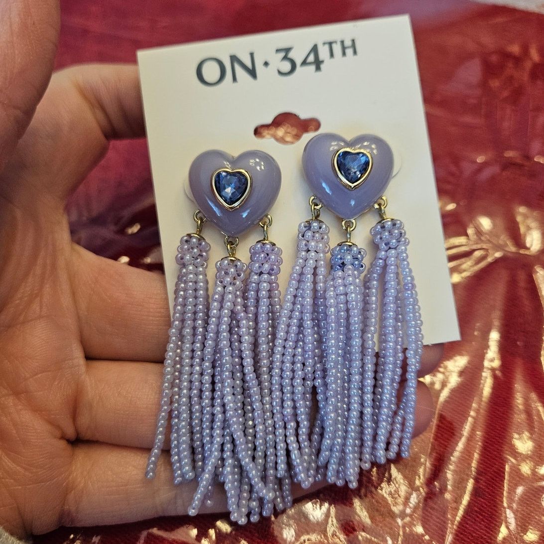 Other ON 34th Crystal Heart Earrings w/ Purple Beaded Fringe Size ONE SIZE - 1 Thumbnail