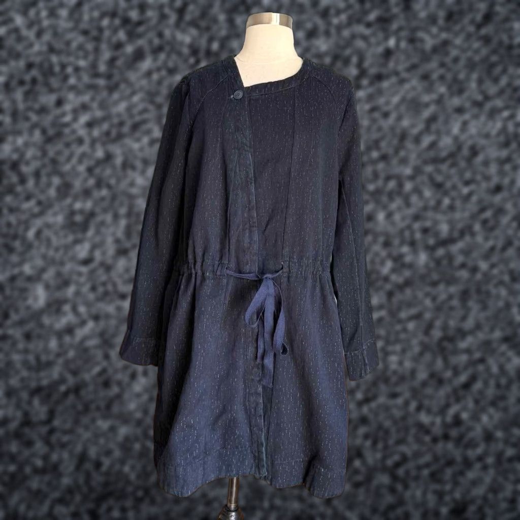 Denime LILITH Rinaldi Navy Denim Topper Jacket Cinched Waist Ties Lagenlook 40 M Navy Denim Topper Jacket Womens M 40 Blue Jacket Size S / US 4 / IT 40 - 1 Thumbnail