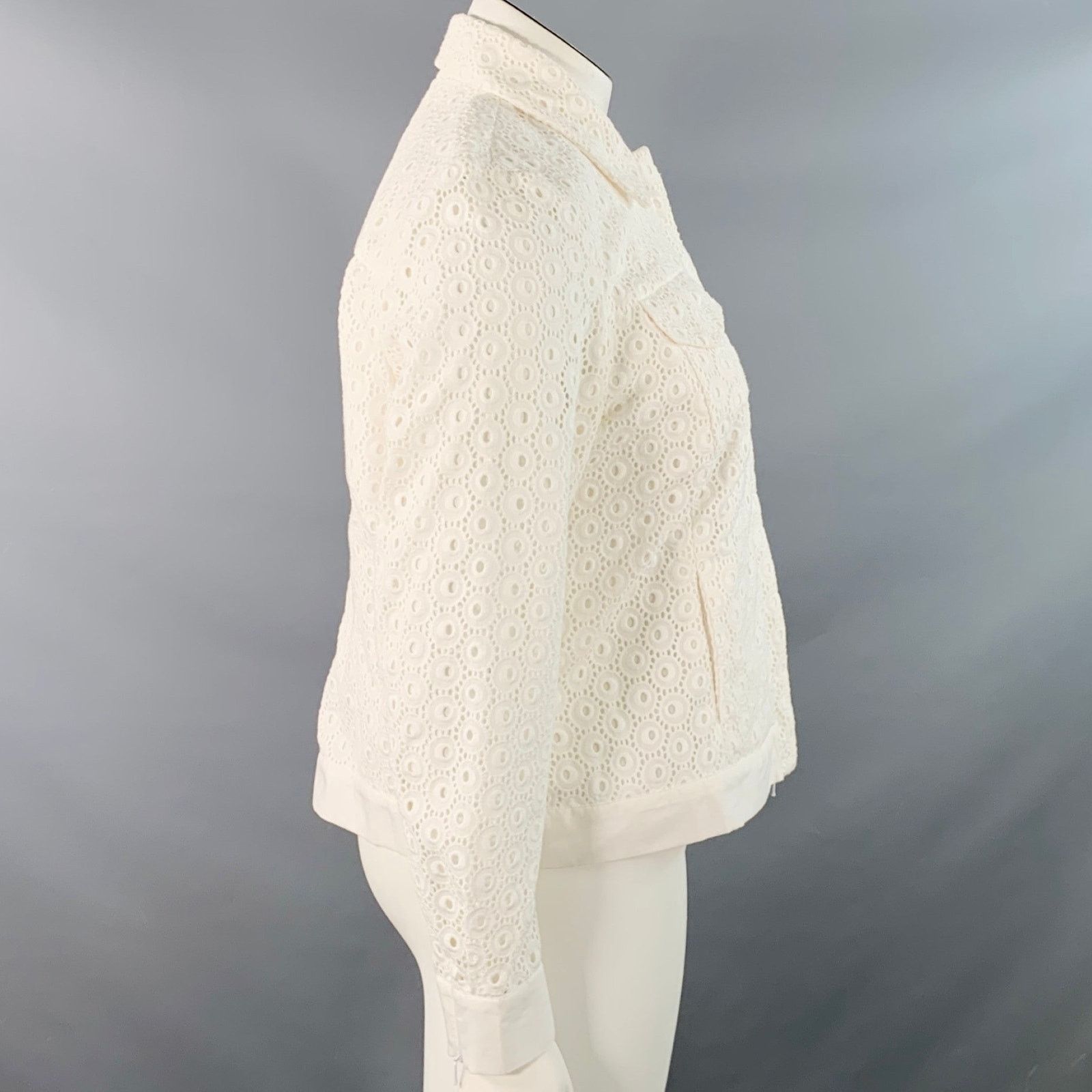 Other Ugoline White Cotton Eyelet Hidden Zipper Trucker Jacket Size L / US 10 / IT 46 - 3 Thumbnail