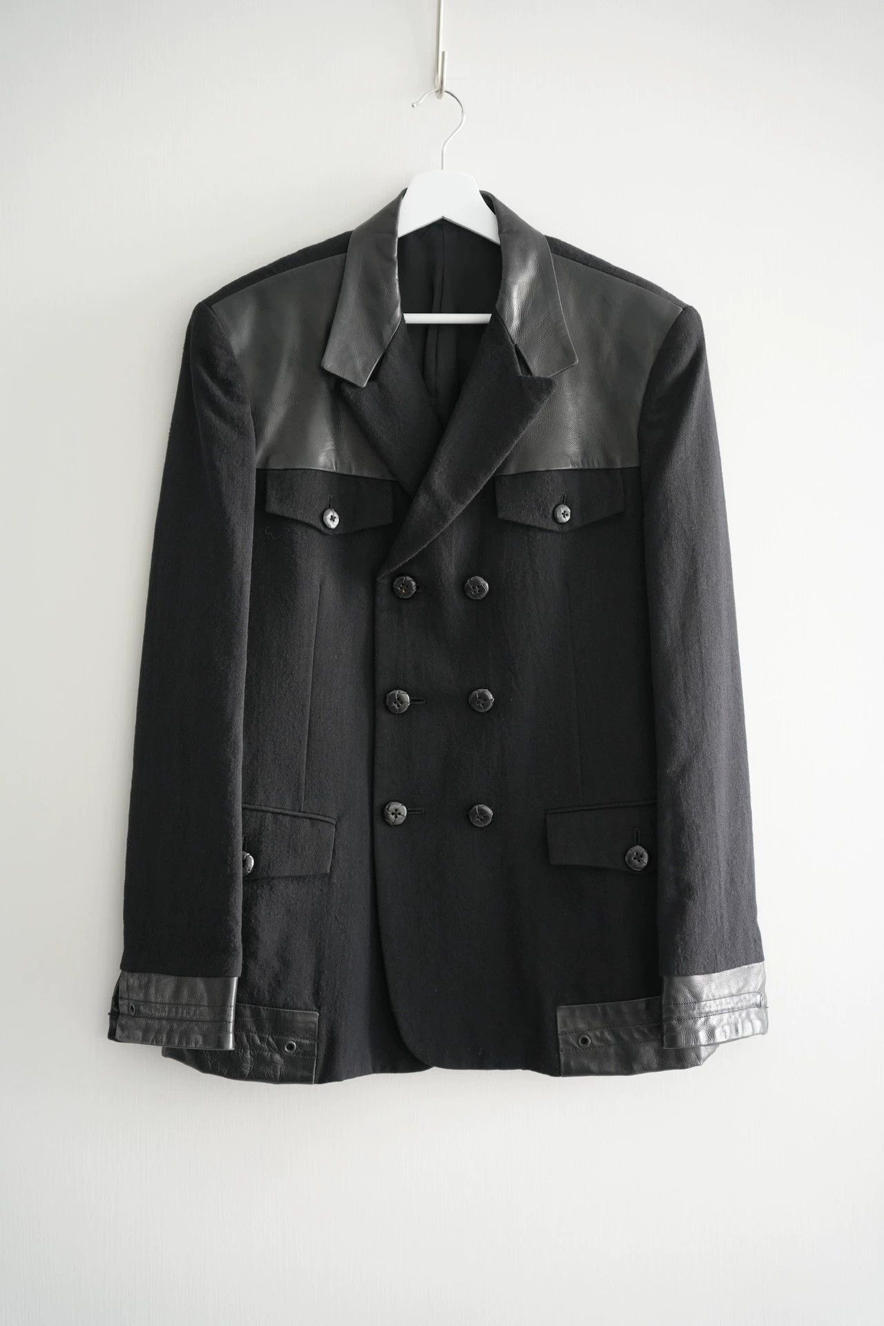 Yohji Yamamoto Black Double-Breasted Jacket with Leather Accents Size US M / EU 48-50 / 2 - 1 Thumbnail