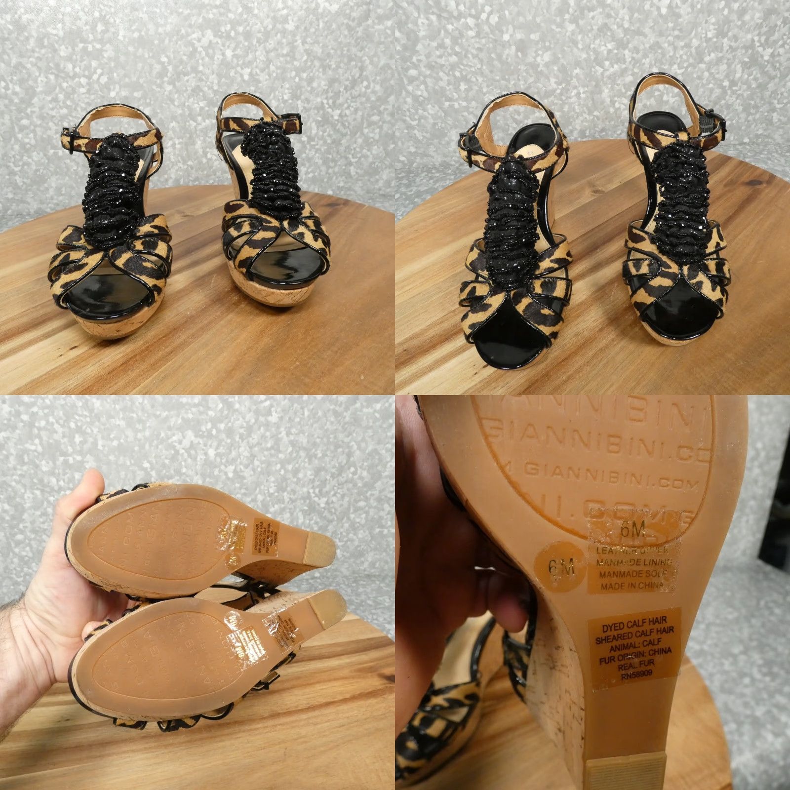 Vintage Gianni Bini Platform Wedge Sandals Womens 6M Leopard Print Leather Beaded Strap Size US 6 / IT 36 - 8 Thumbnail