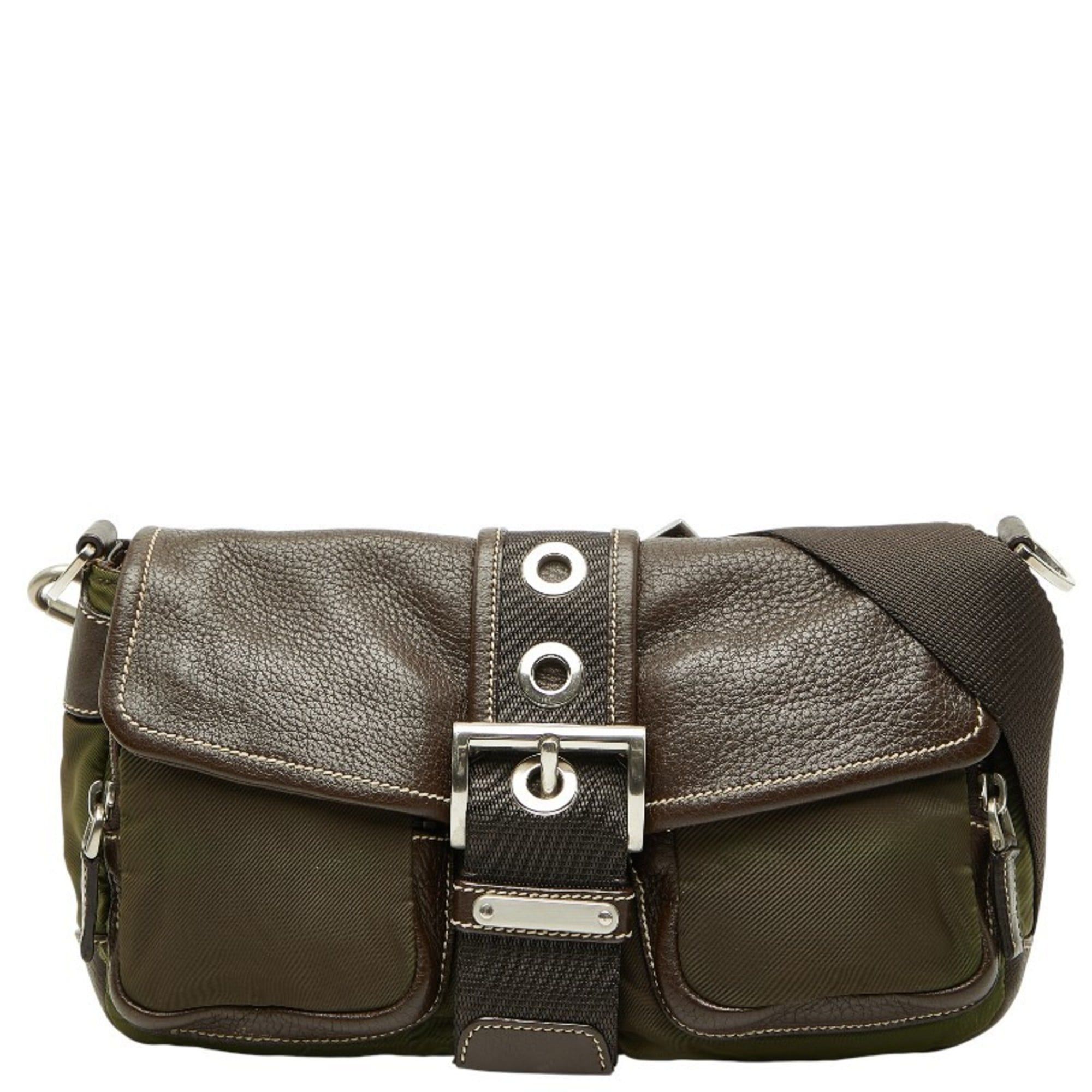 Prada Triangle Logo Plate One-Shoulder Bag Br2417 Khaki Brown Nylon Leather Women's Prada