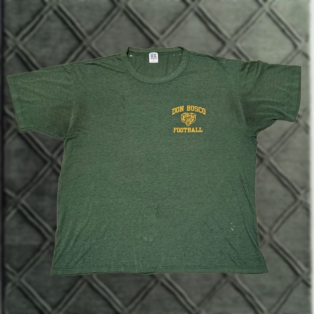 Russell Athletic VINTAGE Don Bosco Prep Ironmen Football Shirt XL Russell Athletic 50/50 Paper Thin Green Crew Neck Short Sleeve Mens 80s Sports School Distressed Size US XL / EU 56 / 4 - 1 Thumbnail