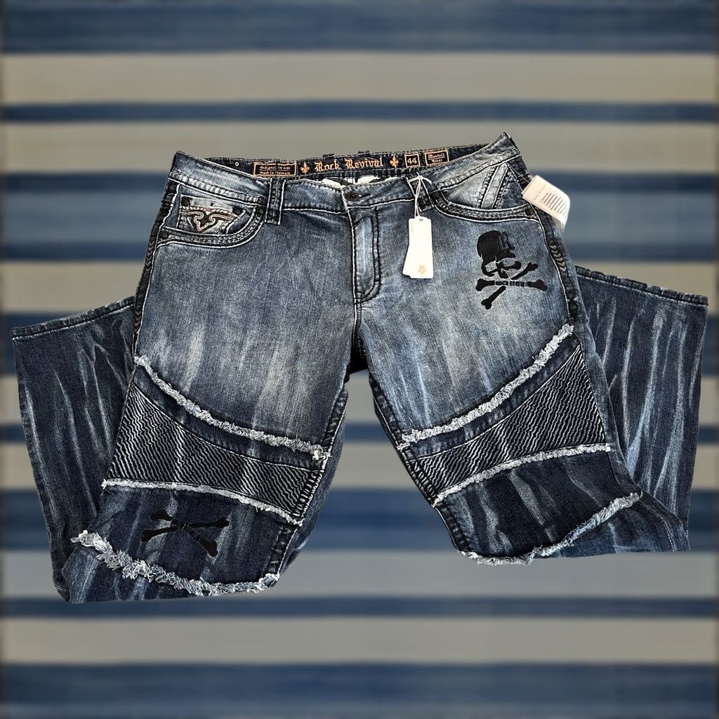Vintage Rock Revival Jeans Biker Distressed Denim Mens 44x33 NWT Blue Cotton/Elastane Distressed Denim Mens Wed 90s Size US 44 / EU 60 - 1 Thumbnail