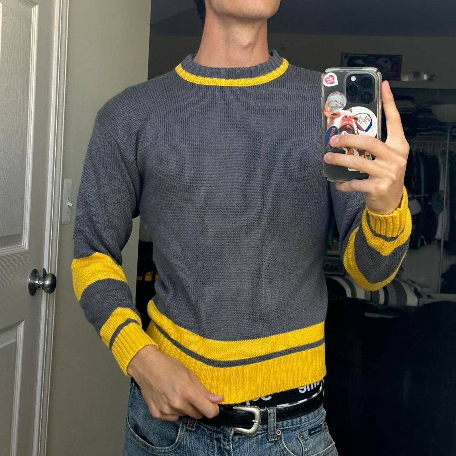 Vintage Vintage 60s 70s Grey Striped Yellow Fitted Pullover Sweater Size US XS / EU 42 / 0 - 1 Thumbnail