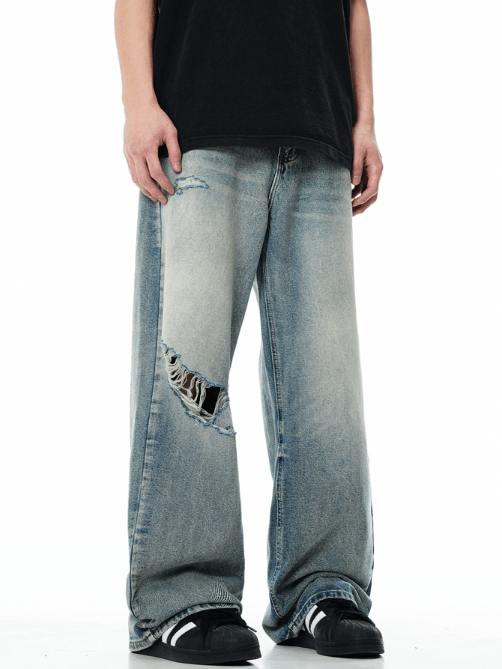 Japanese Brand American retro wide-leg blue washed ripped jeans Size US 32 / EU 48 - 2 Thumbnail
