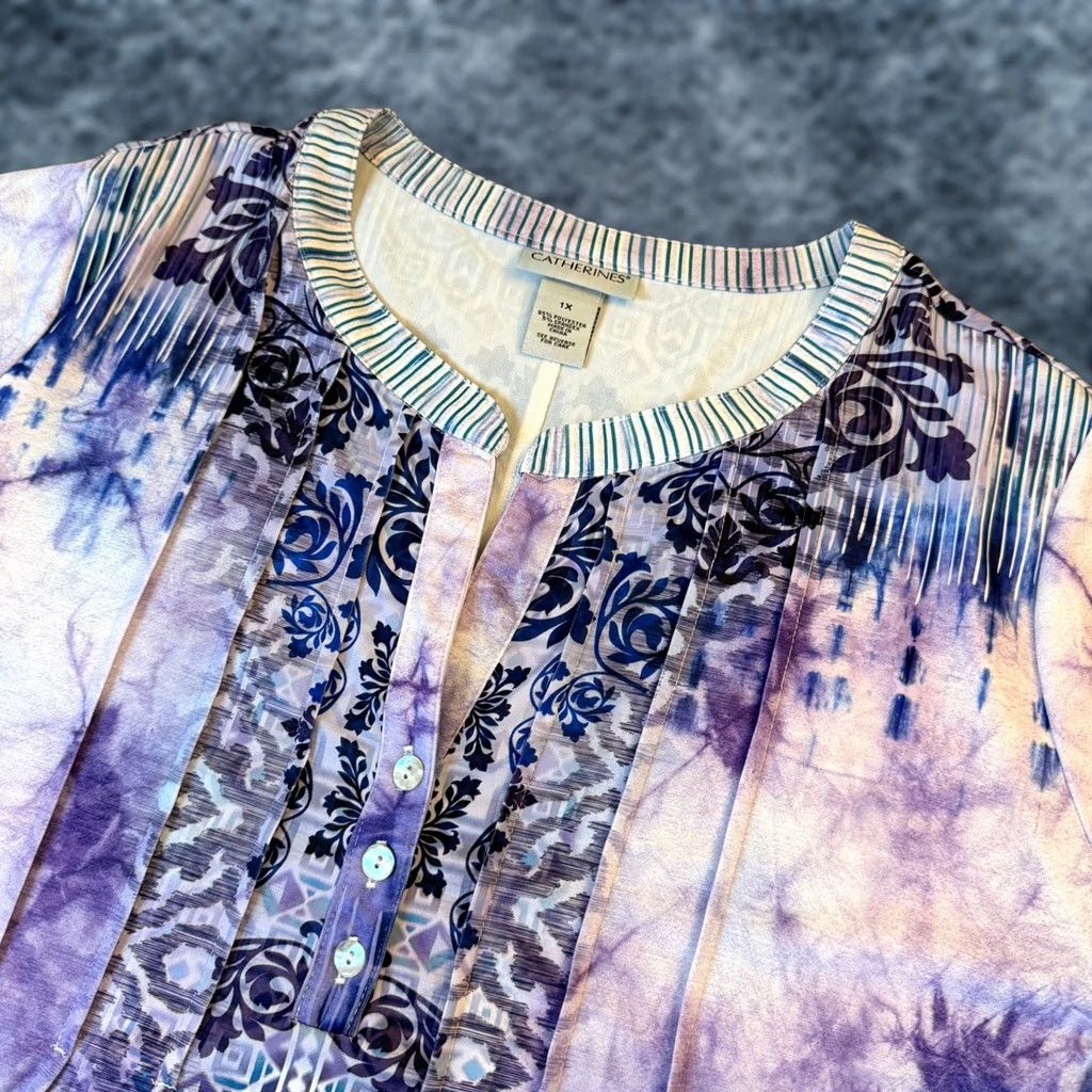 Vintage Catherines Tunic Blouse Geometric 1X Purple 3/4 Sleeve Pullover Womens Plus Size Blouse Size XL / US 12-14 / IT 48-50 - 1 Thumbnail