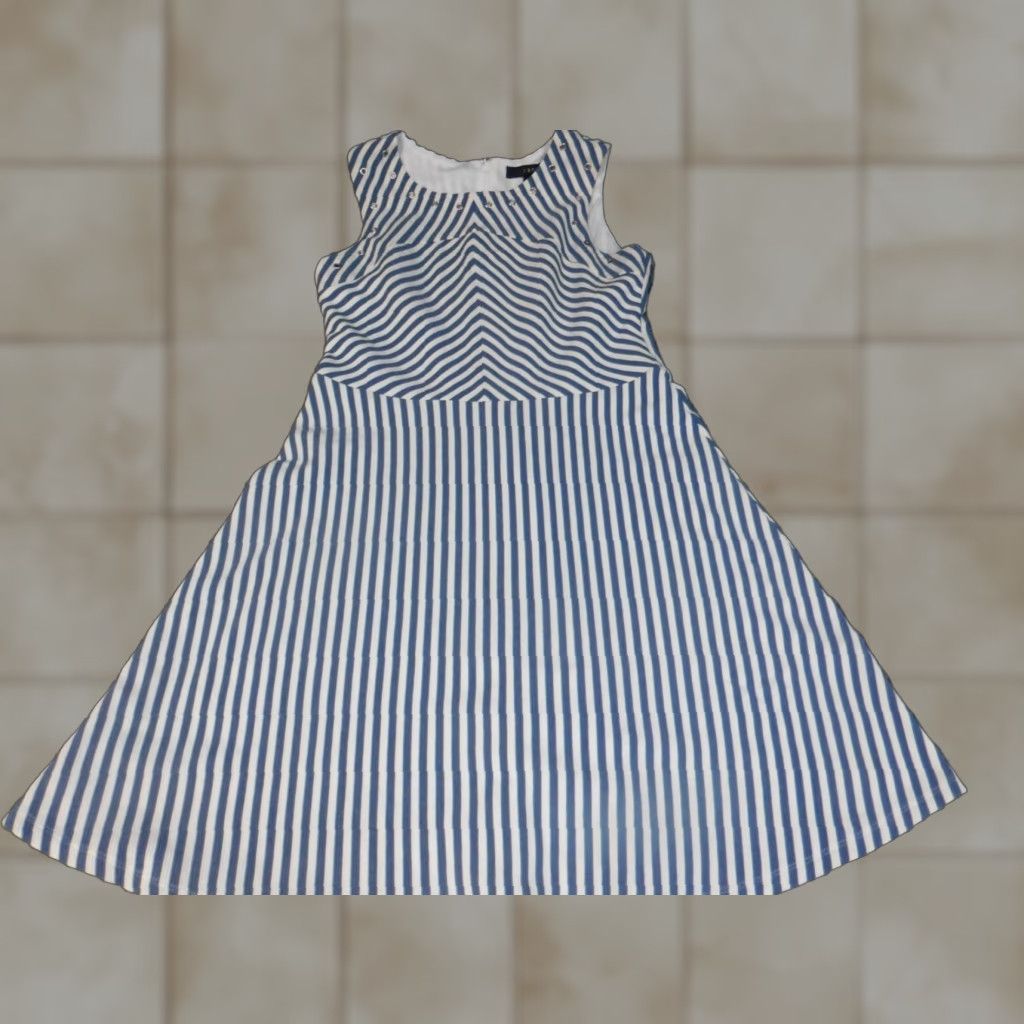 Vintage Sangria Dress Womens A-Line Knee Length Blue Stripe Knit Cotton Mock Neck Puff Sleeve Zip Casual 8 8 Womens Size M / US 6-8 / IT 42-44 - 1 Thumbnail