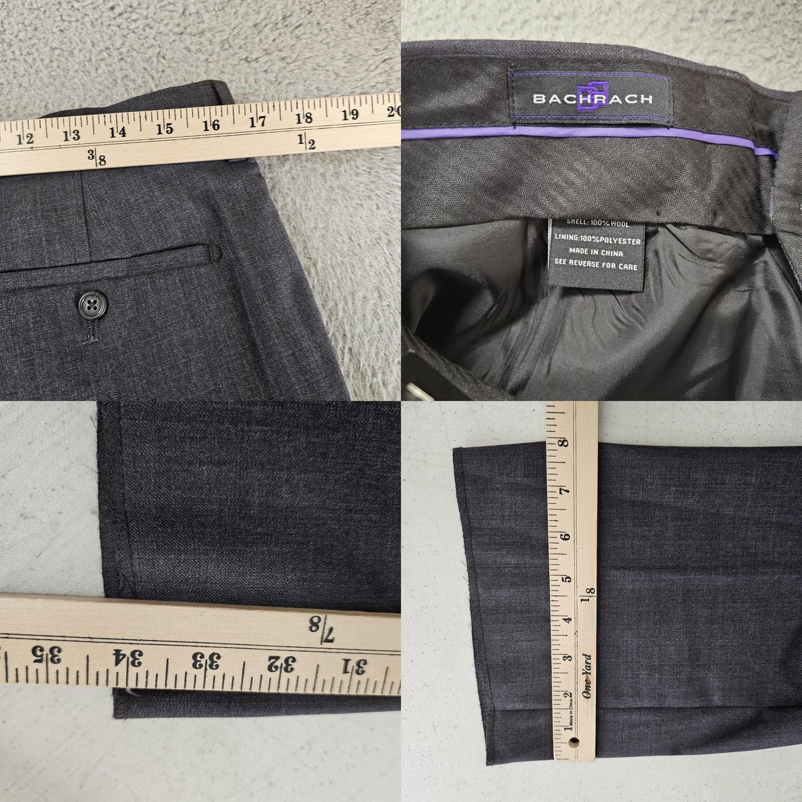 Vintage Bachrach Pants Mens 33 Gray Wool Dress Slacks Flat Front Lined Unhemmed 100% Wool - Regular, Zip Closure, Pockets, Belt Loops, Charcoal Size US 33 - 8 Thumbnail