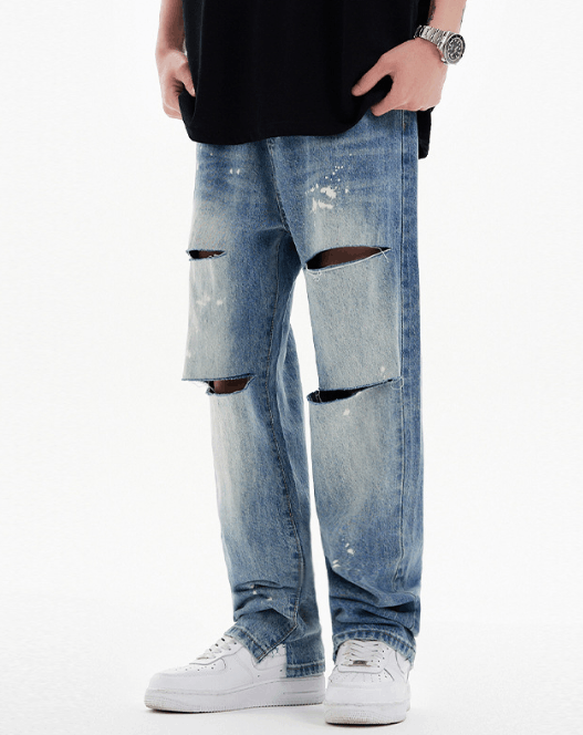 Japanese Brand × Jean Men's straight loose versatile trendy hip-hop ripped jeans Size US 32 / EU 48 - 2 Thumbnail