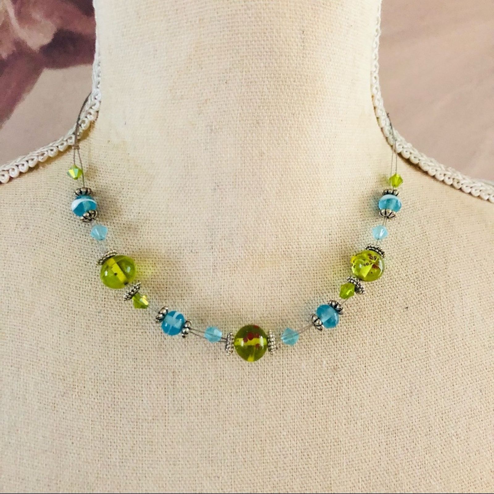 Jewelry Handcrafted forest green and baby blue glass bead necklace Size ONE SIZE - 1 Thumbnail