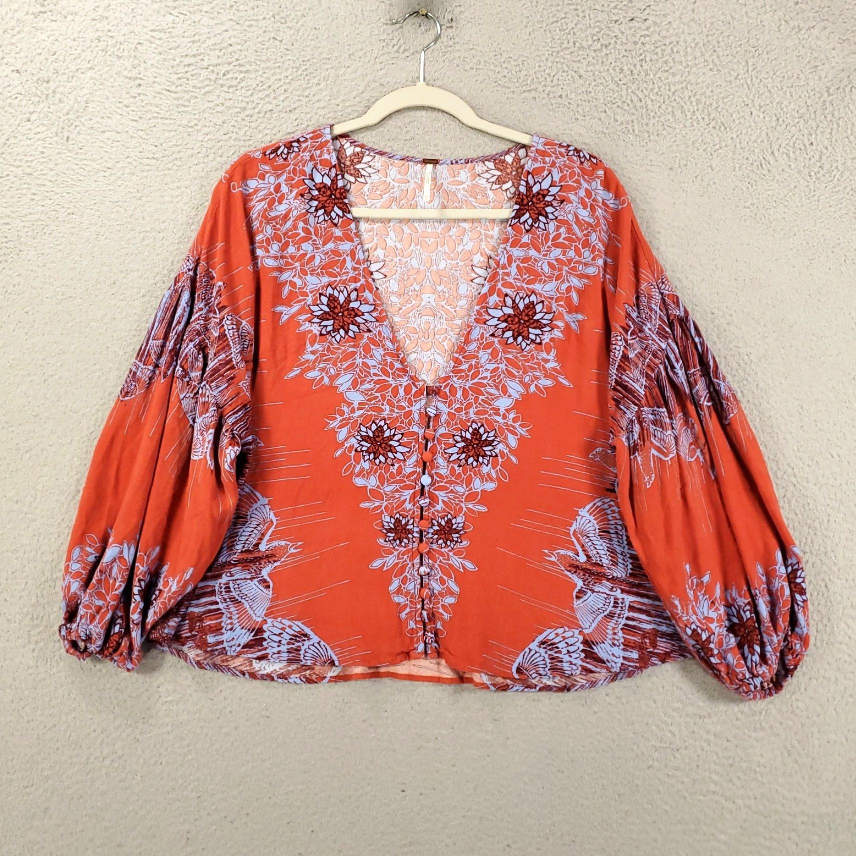 Free People Free People Balloon Sleeve Blouse XS Multicolor Floral V-Neck Casual Womens Size XS / US 0-2 / IT 36-38 - 2 Thumbnail