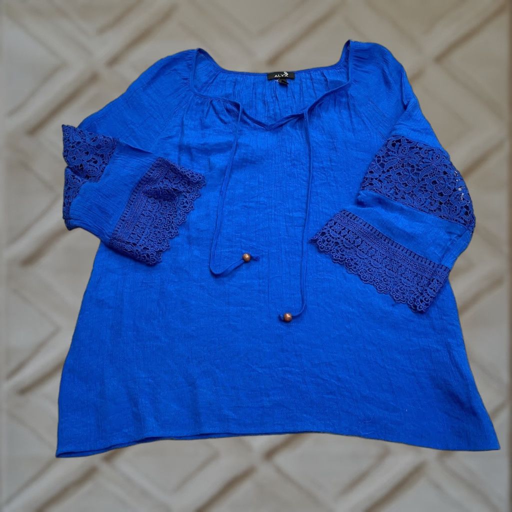 Alyx Alyx Peasant Boho Tunic Blouse Womens XXL Royal Blue Lace Sleeve Tasseled Casual Size XXL / US 16-18 / IT 52-54 - 1 Thumbnail