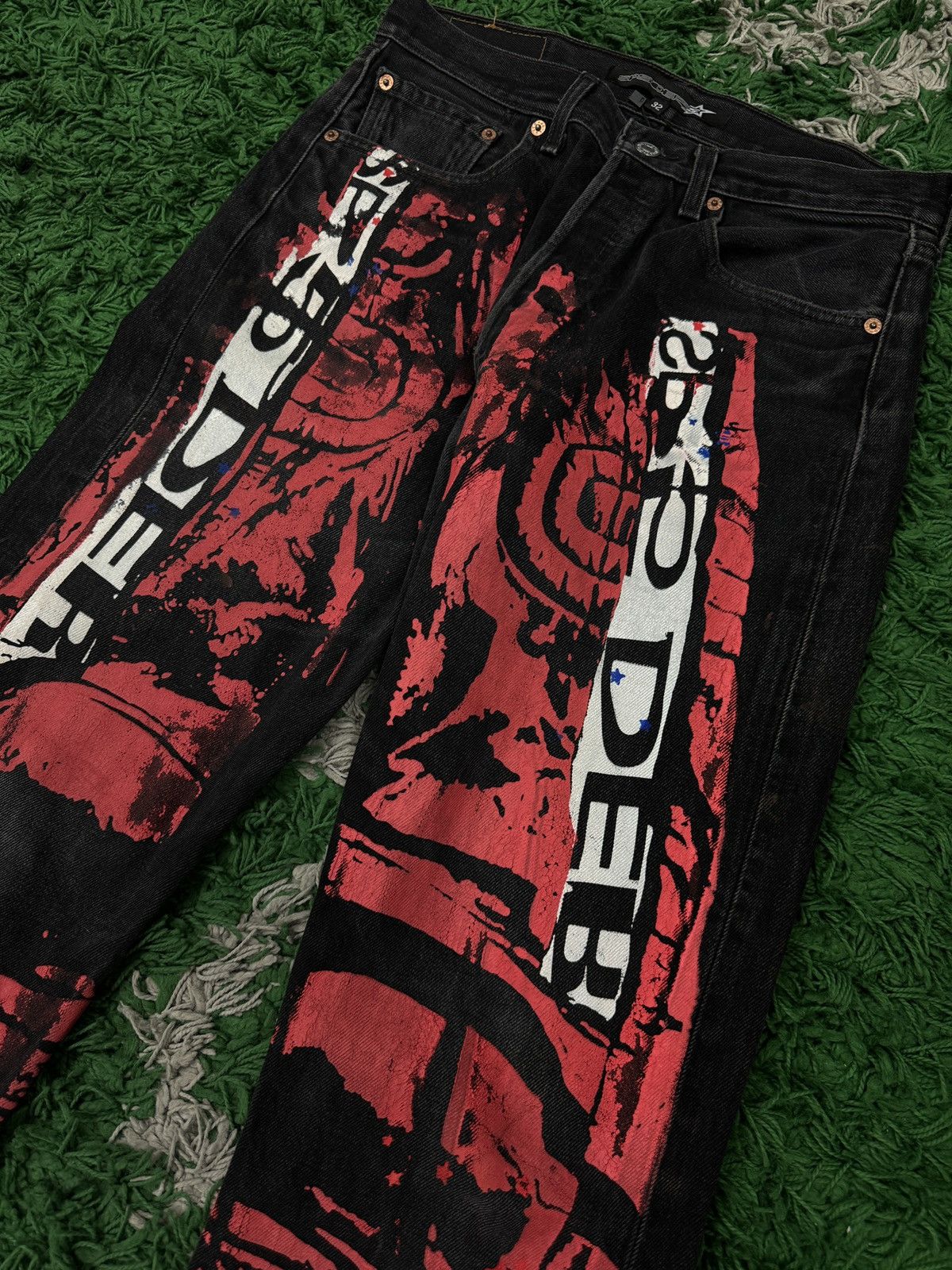 Sp5der Sp5der Black Red Grafiti Denim Size 31 Size US 31 - 2 Thumbnail