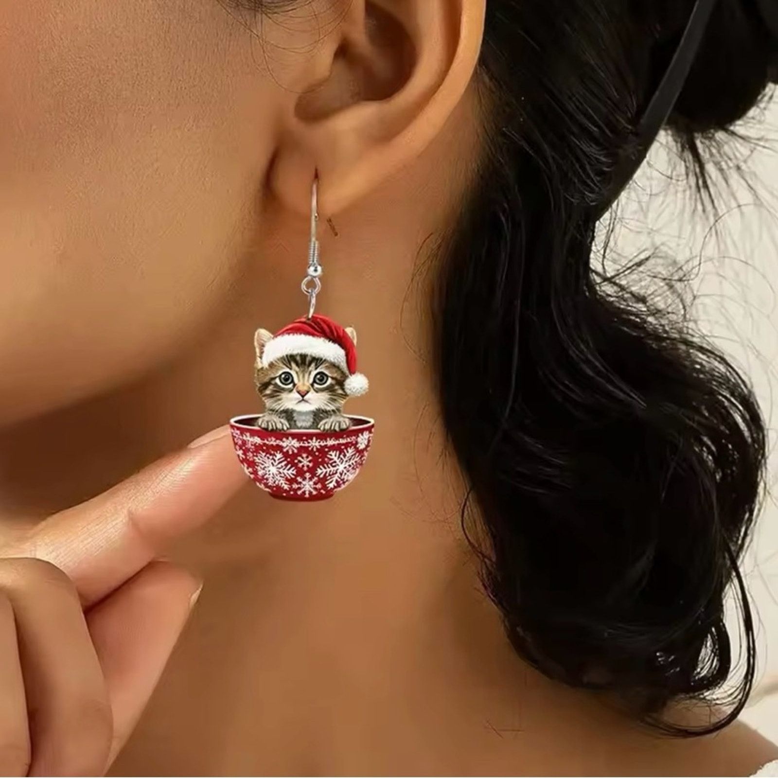 Other Cute 2D Kitten Christmas Earrings Snowflake Tea Cup Earrings Size ONE SIZE - 2 Thumbnail