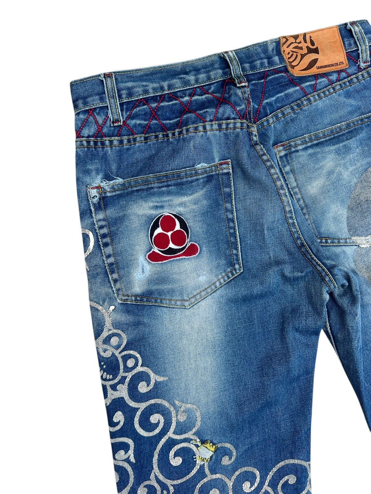 Vintage Dirty Mud SANMARUICHI Distress Frog Embroidery Denim Jeans Size US 30 / EU 46 - 15 Thumbnail