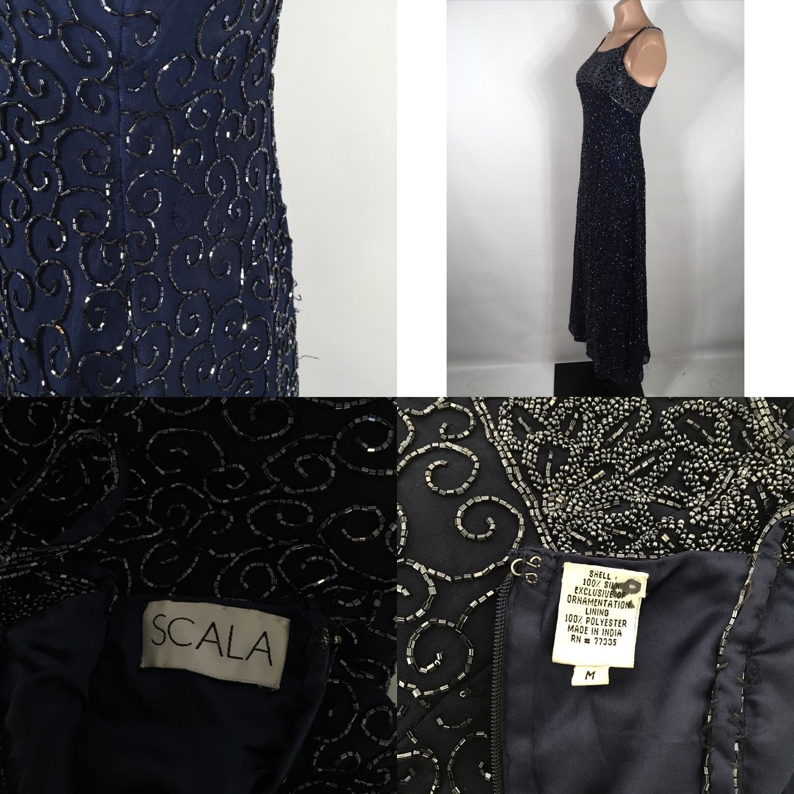 Vintage VINTAGE Scala Long Silk Beaded Open Sequin Square Neck Blue Gown M Dress, Ball Gown, A-Line, Formal, Women's Velvet Blue Silk, Vintage Scala Size M / US 6-8 / IT 42-44 - 8 Thumbnail