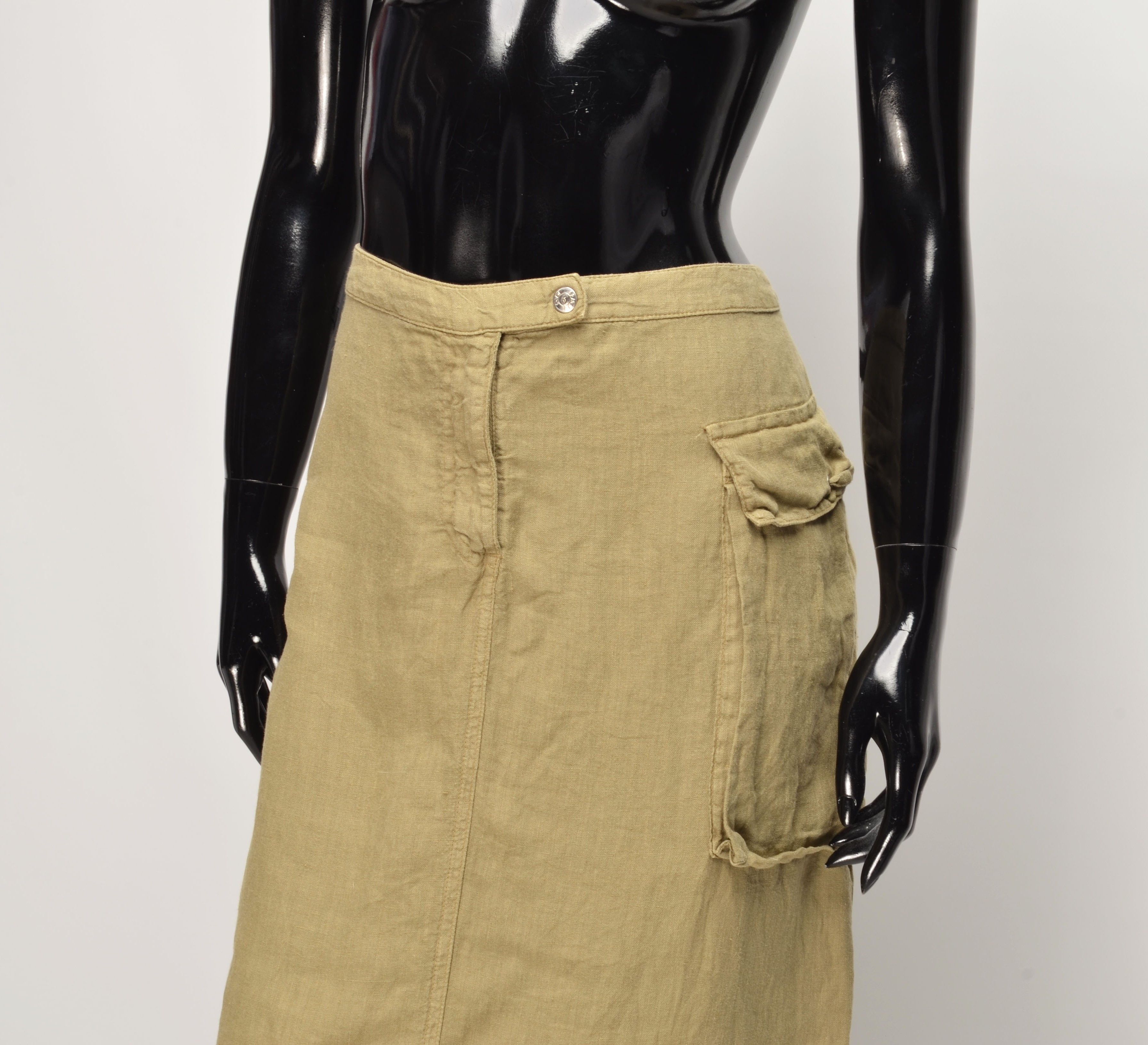 Giorgio Armani Vintage Armani Jeans Y2K Big Pocket Linen Khaki Skirt Size 32" / US 10 / IT 46 - 2 Thumbnail