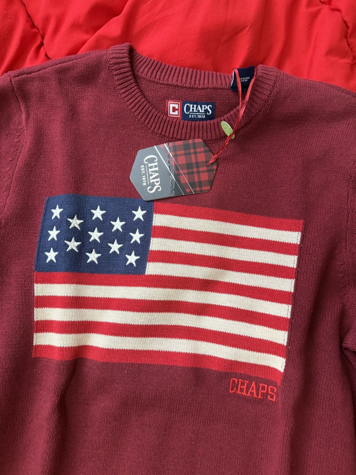 Chaps Chaps Men's Burgundy Crewneck Sweater with American Flag Size US M / EU 48-50 / 2 - 2 Thumbnail