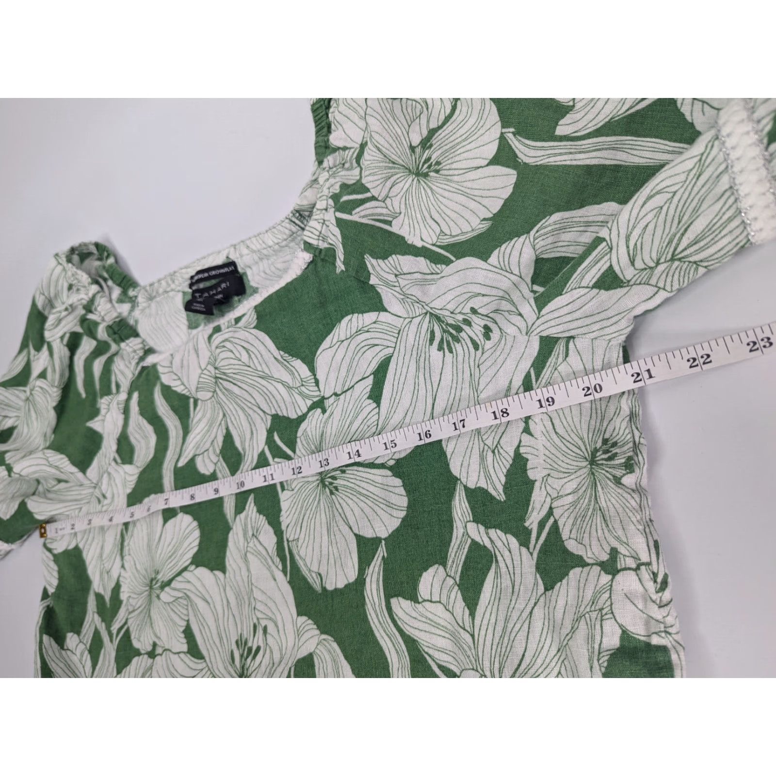 Vintage Tahari Linen Blouse Cropped Off the Shoulder Green 3/4 Sleeve Floral Size L Womens Size L / US 10 / IT 46 - 5 Thumbnail
