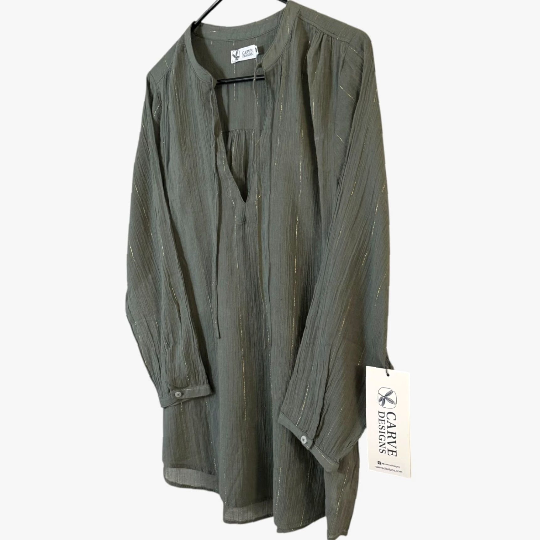 Vintage Carve Designs Tunic Women Medium Green Organic Cotton Metallic Stripe Beach Bohemian Lightweight V-Neck Long Sleeve Casual Travel Size M / US 6-8 / IT 42-44 - 2 Thumbnail