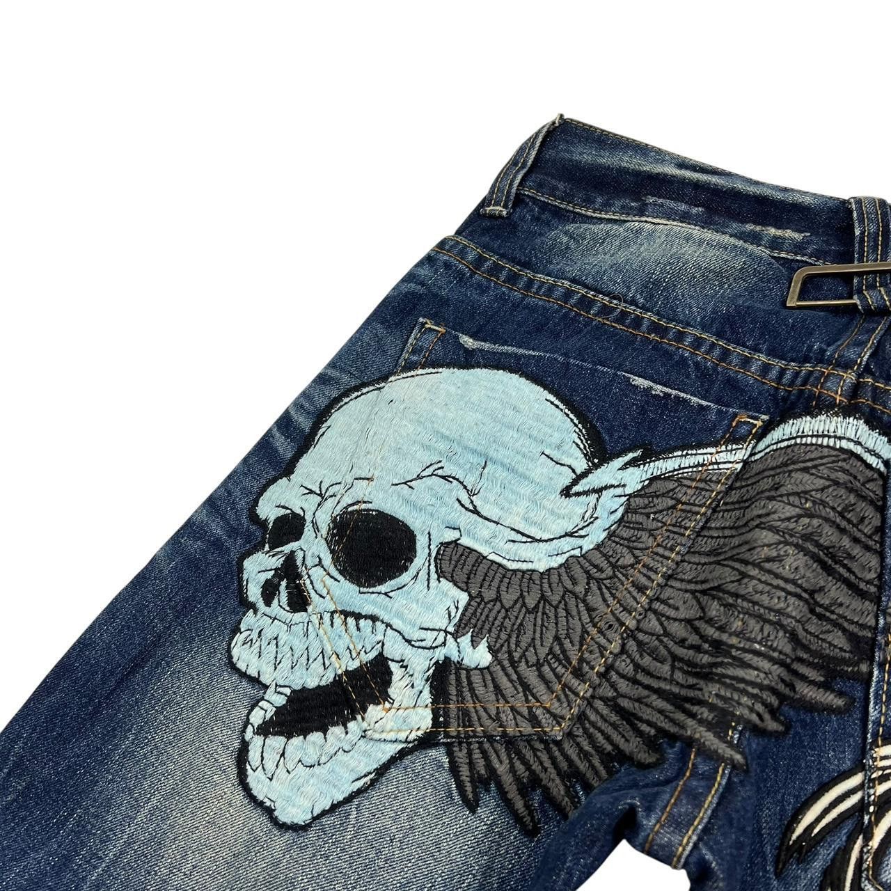Japanese Brand Vintage Red Pepper Embroidered Skull Jeans - Waist 29 Size US 29 - 3 Thumbnail
