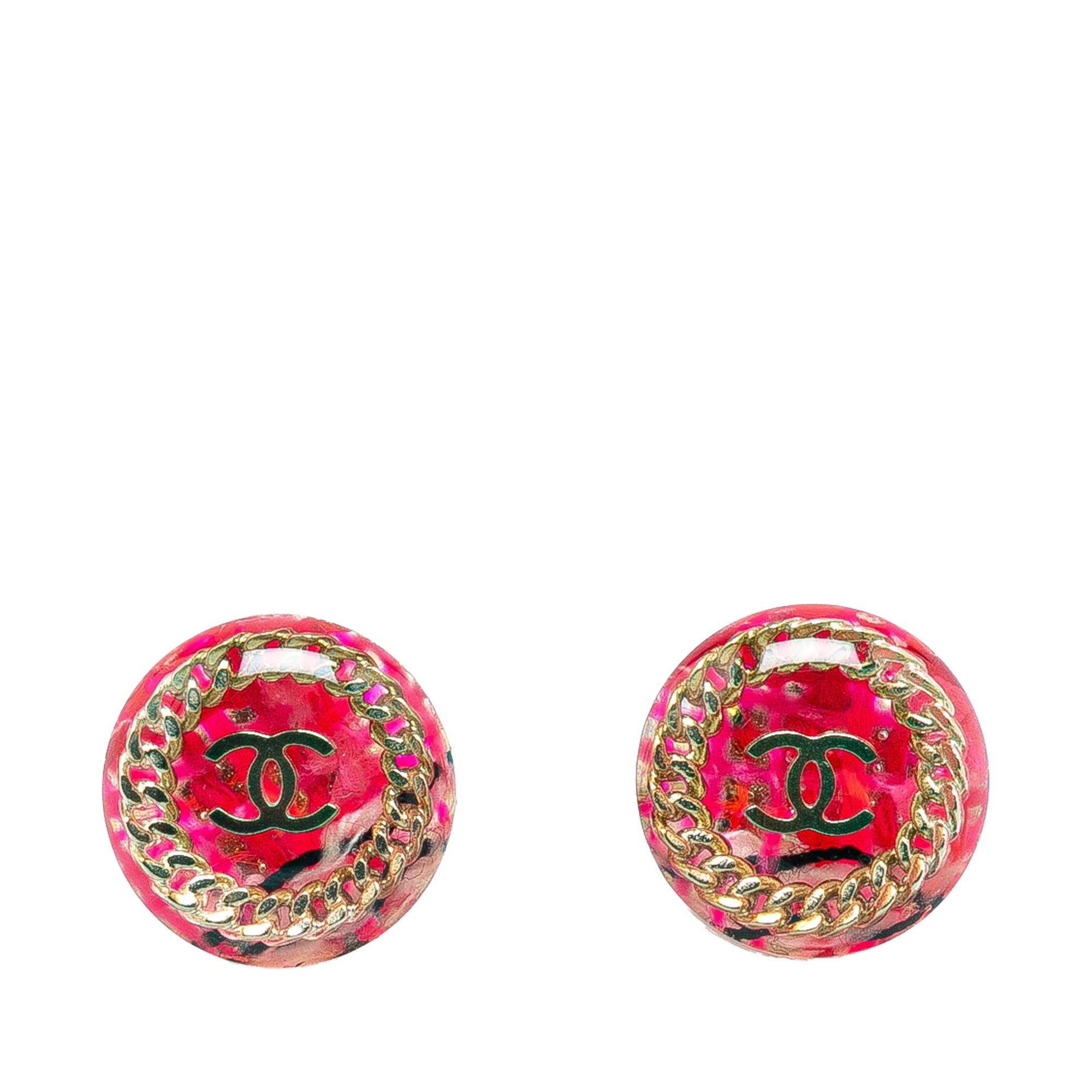 Chanel Chanel Gold Plated and Resin CC Push Back Earrings Pink Size ONE SIZE - 1 Thumbnail