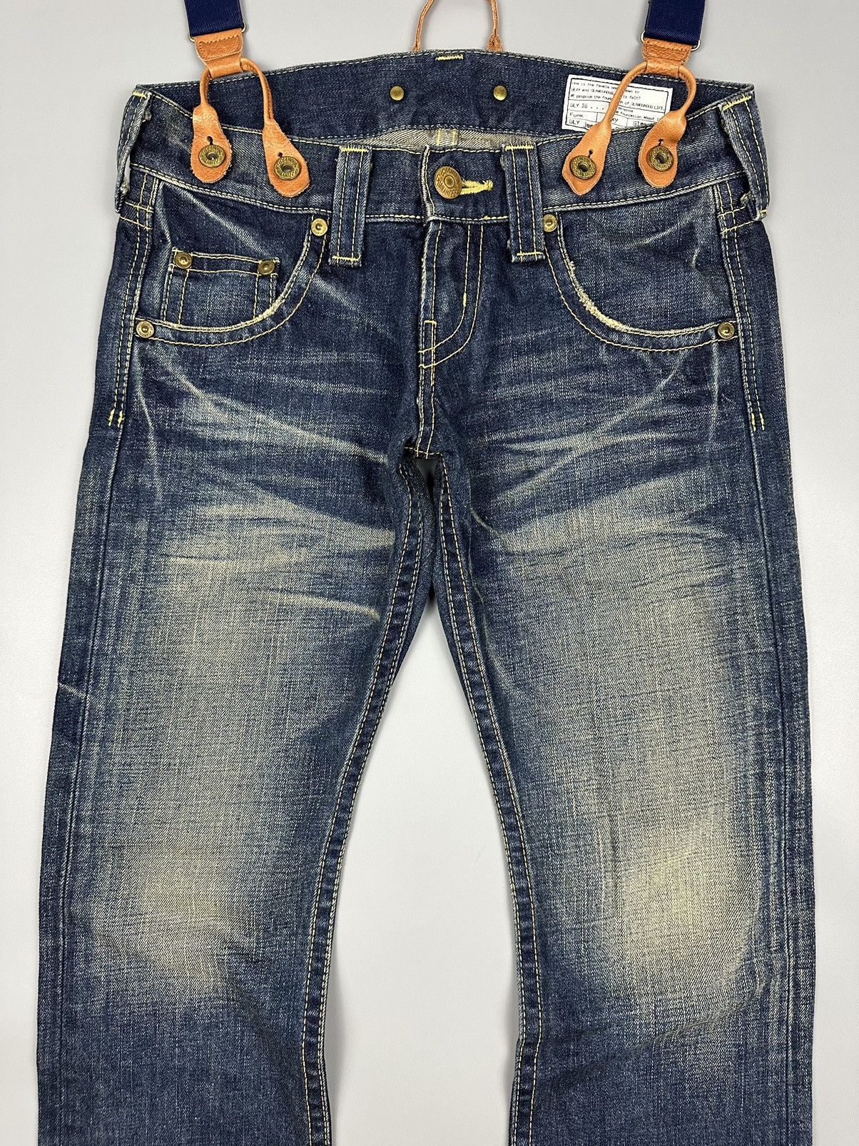 If Six Was Nine × Le Grande Bleu (L.G.B.) 🔥Flared🔥 SLY Glamour Jeans With Suspenders Leather Denim Size US 32 / EU 48 - 5 Thumbnail