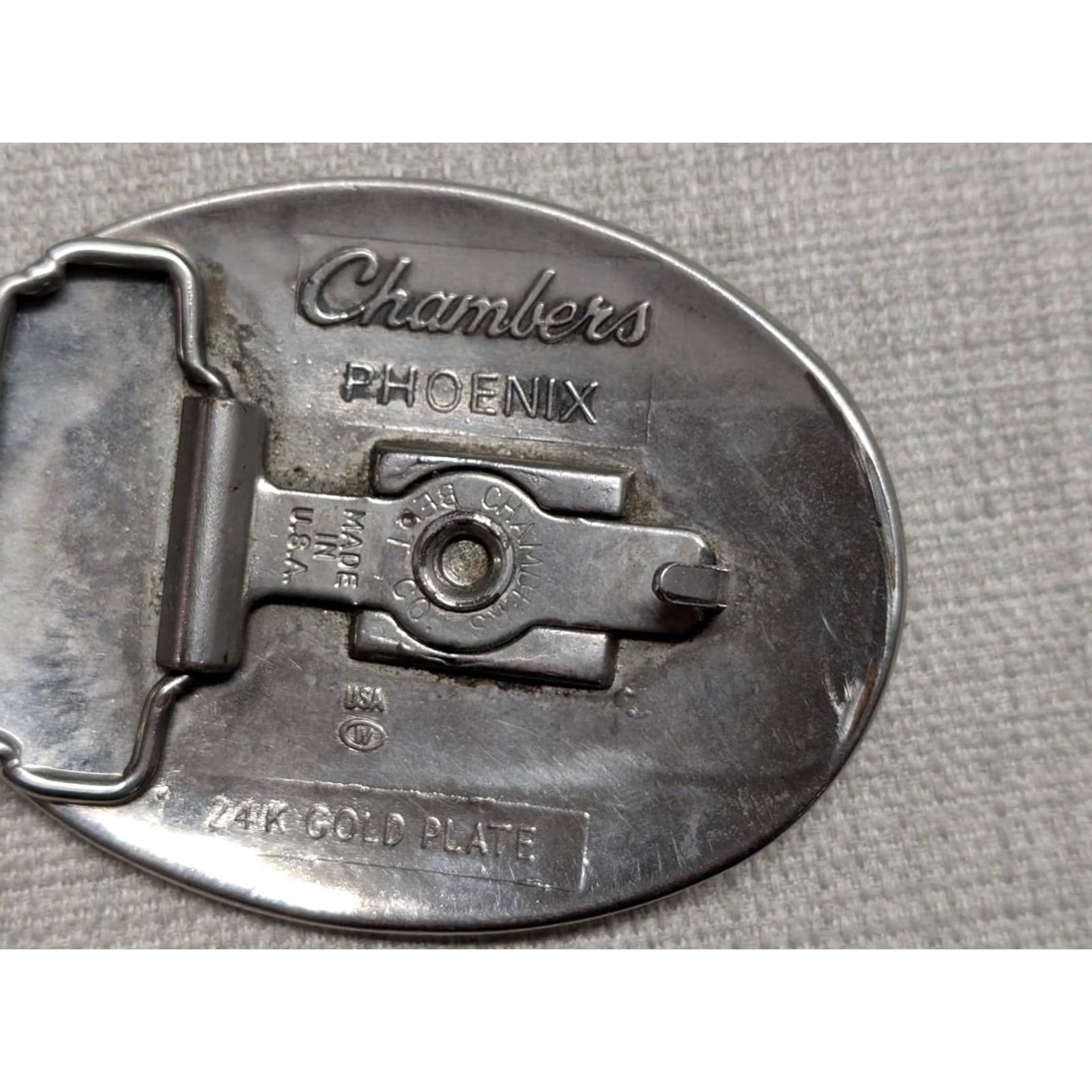 Vintage VINTAGE Chambers USA made HORSE belt buckle BRASS 24 KT GOLD PLATE Western Southwest Cowboy Men Buckle 2.75 x 3.5" Adjustable 1.5 in Size ONE SIZE - 6 Thumbnail