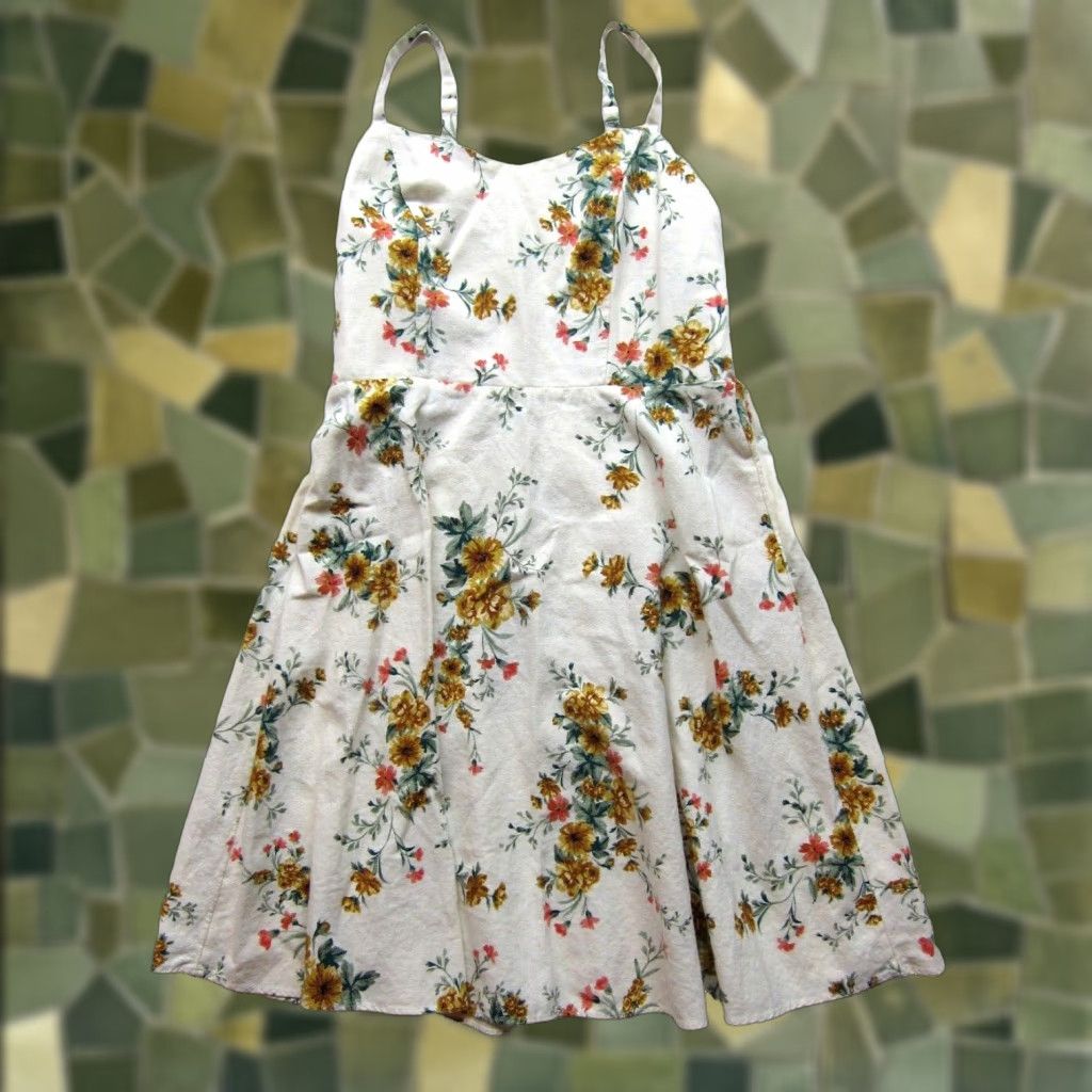 Old Navy Old Navy Dress Adult Medium Ivory Linen Floral Cami Tank Slip Sun Womens Size M / US 6-8 / IT 42-44 - 1 Thumbnail