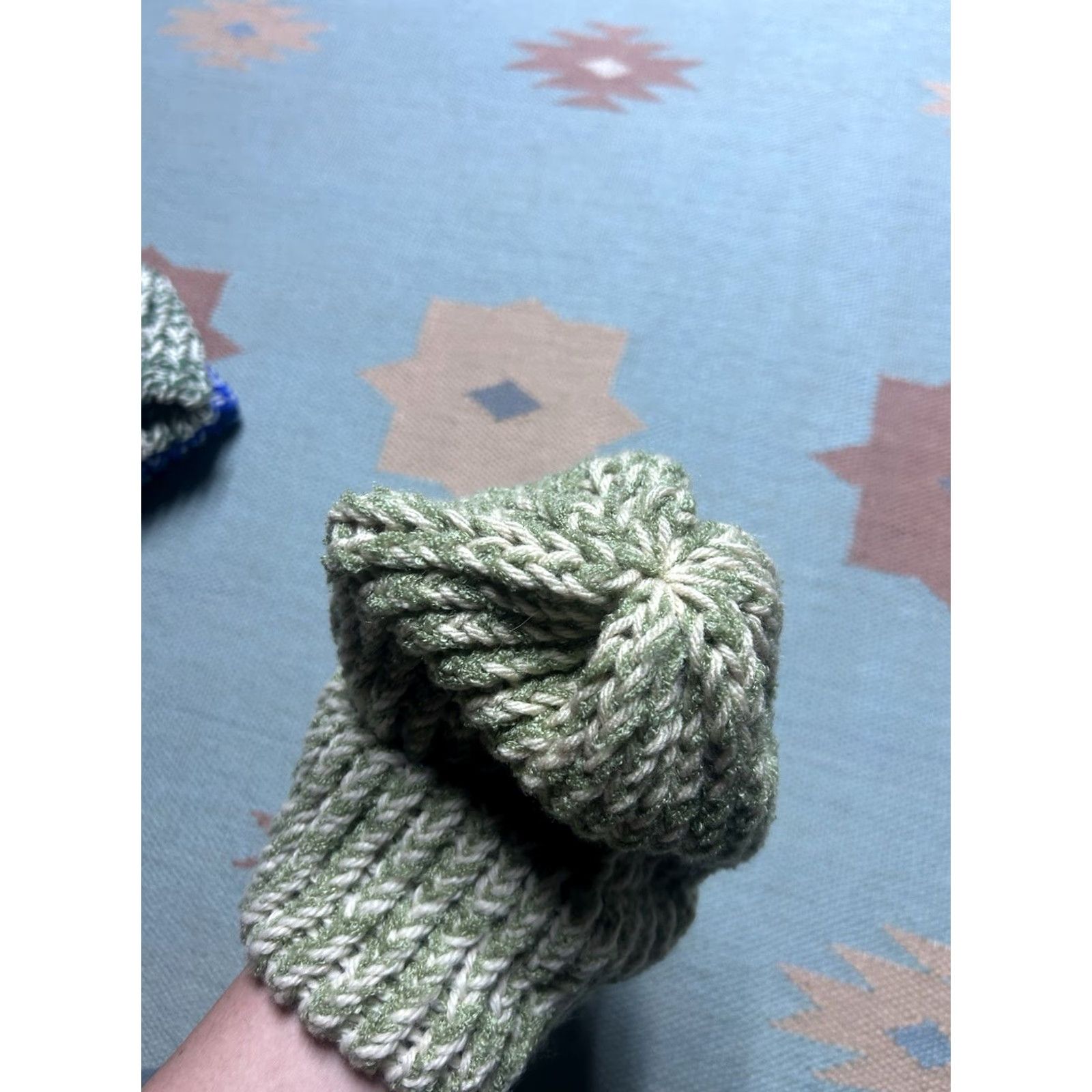 Vintage VINTAGE Hand knit crochet beanie skull cap winter hat light green white adult one size Size ONE SIZE - 4 Thumbnail
