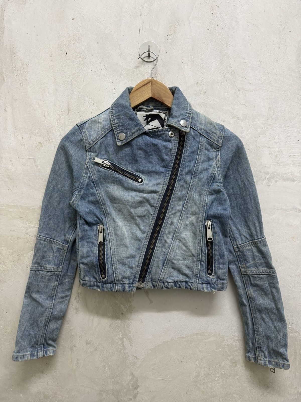 If Six Was Nine 2000s Spiral Girl Asymmetrical Zip Distressed Denim Jacket Size M / US 6-8 / IT 42-44 - 2 Thumbnail