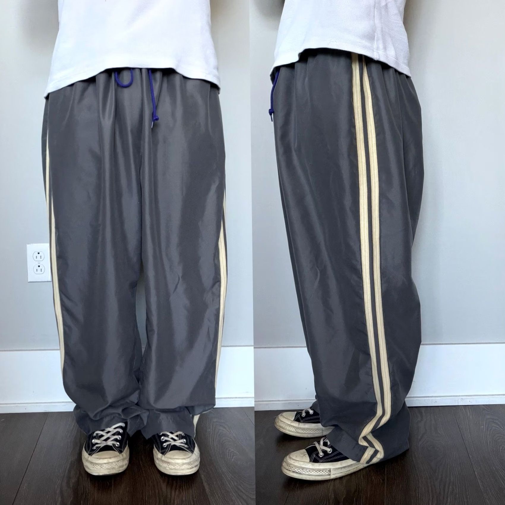 Vintage Y2K Baggy Track Pants Gray Wide-Leg Side Stripe Lounge Mens Womens 2XL XX Large Relaxed Fit Track Pants All American Comfort Size US 39 - 2 Thumbnail