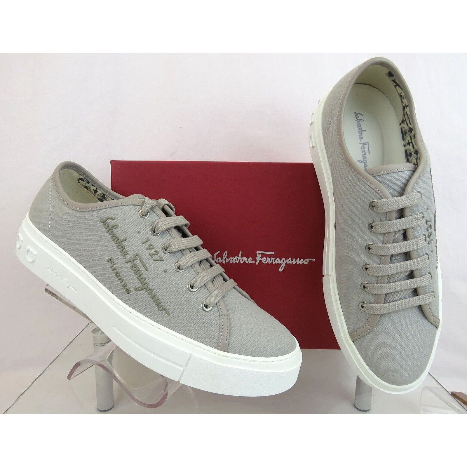 Salvatore Ferragamo MEDITERR GRAY CANVAS LEATHER TRIM GANCINI LOGO SNEAKERS 13 M Size US 13 / EU 46 - 6 Thumbnail