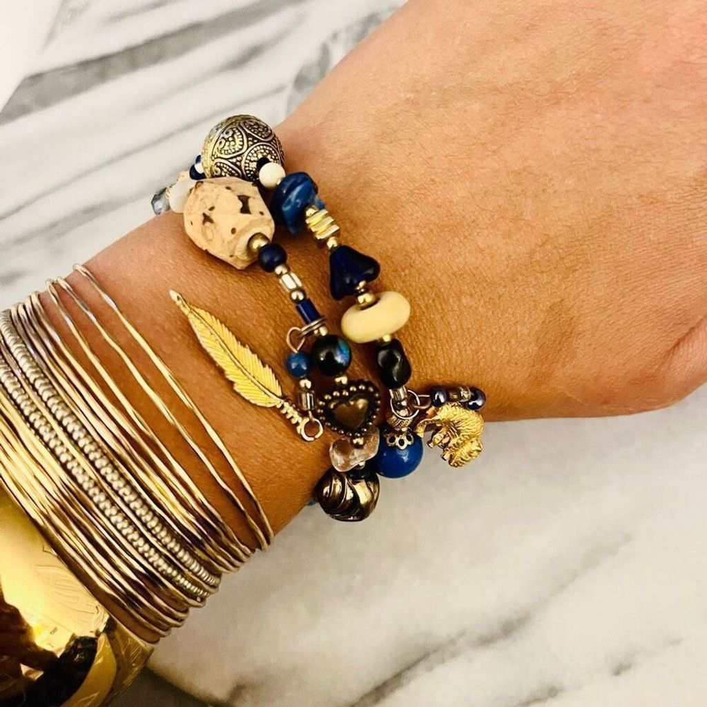 Jewelry Double Wrap Gemstone Bracelet Blue Beaded Gold Size ONE SIZE - 5 Thumbnail