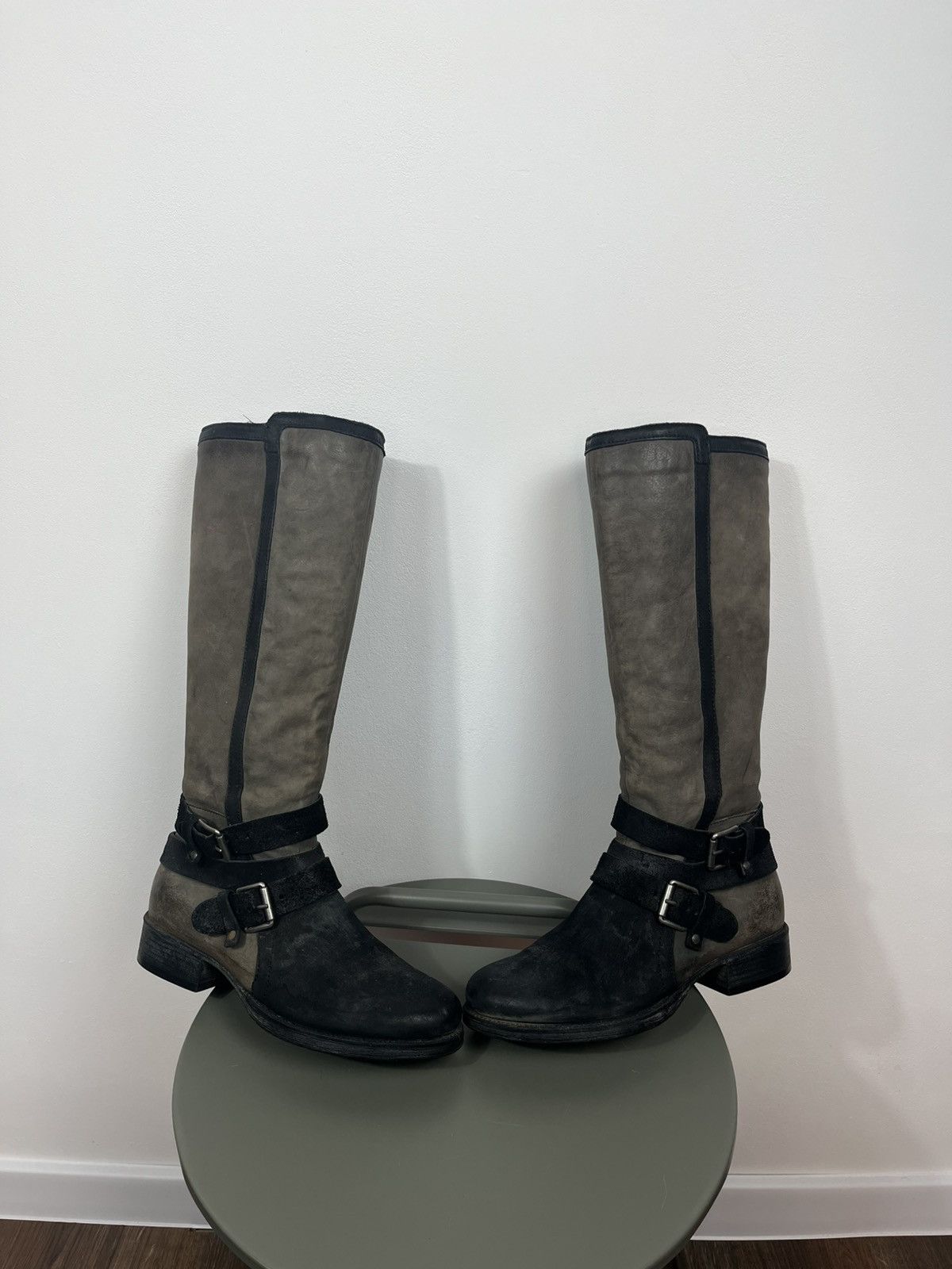 Women’s Leather Knee High Biker Boots Buckle Brown 40 US 9