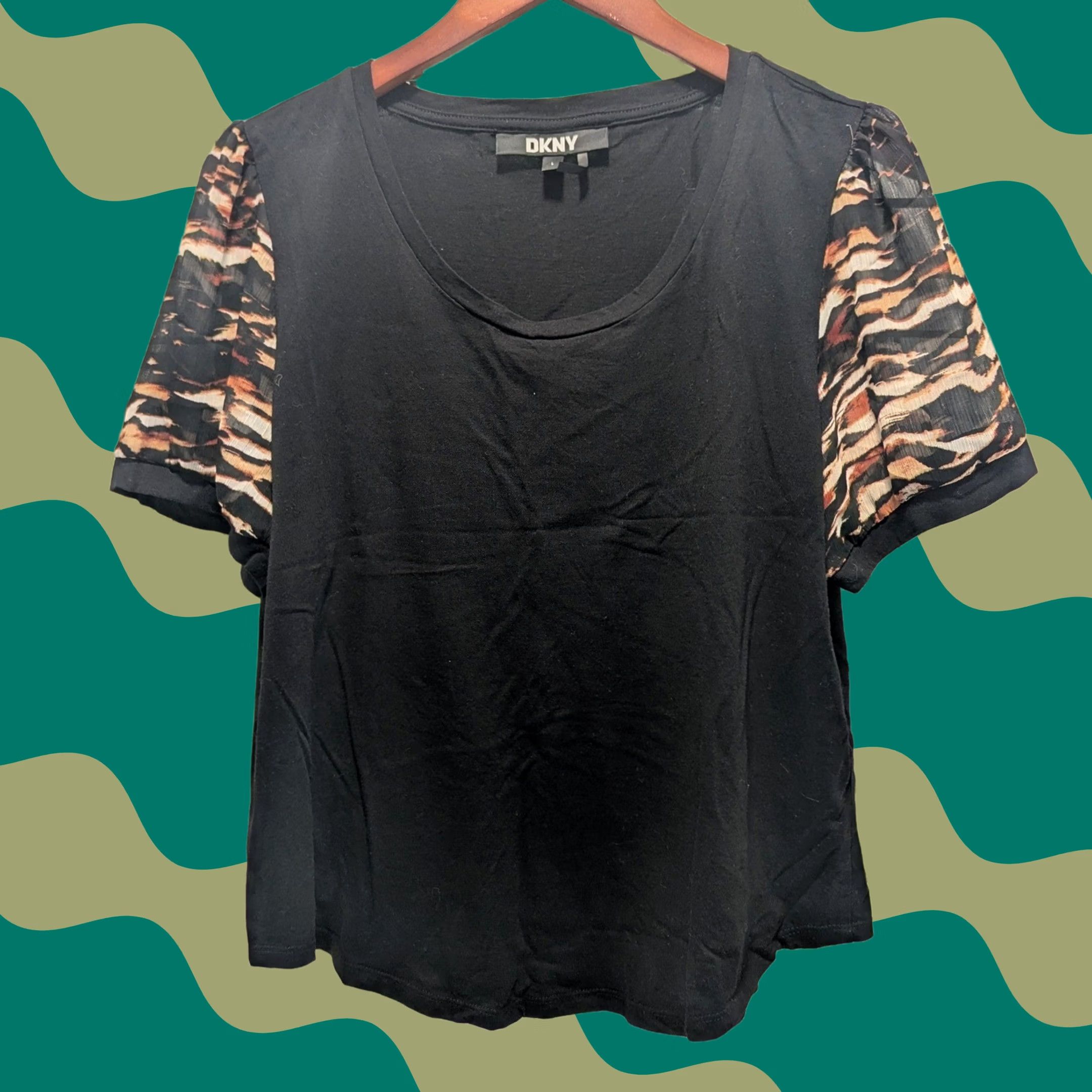 DKNY DKNY Black Mixed Media Tiger Print Sheer Short Puff Sleeve Top Women's Size L Size L / US 10 / IT 46 - 1 Thumbnail
