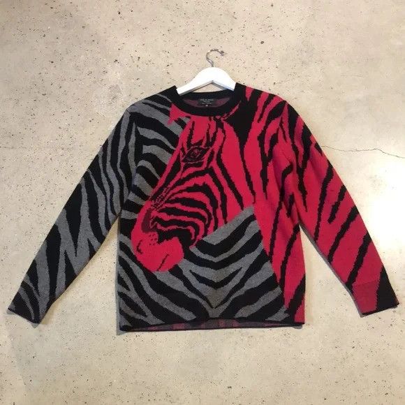 Rag Bone Black and Pink Cashmere Zebra Crew Pullover