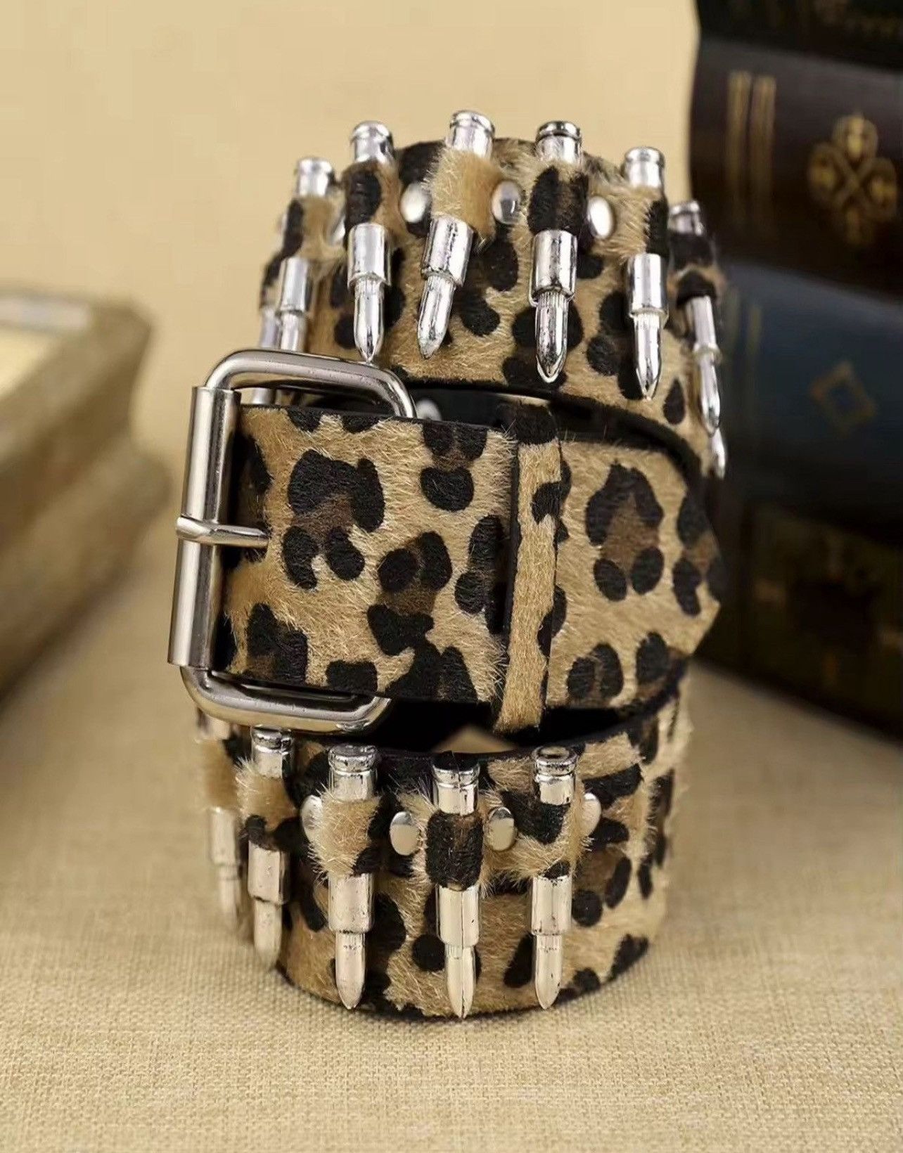 Leather 110 cmLeopard print bullet PU Leather belt Size ONE SIZE - 3 Thumbnail