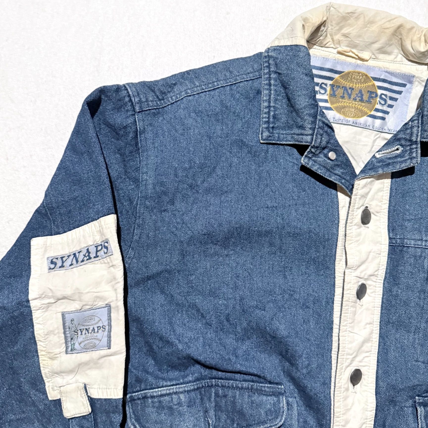 Denime VINTAGE Synaps Denim Jacket White Contrast Panels Logo Patch Applique XL Men Brown? Size US XL / EU 56 / 4 - 3 Thumbnail