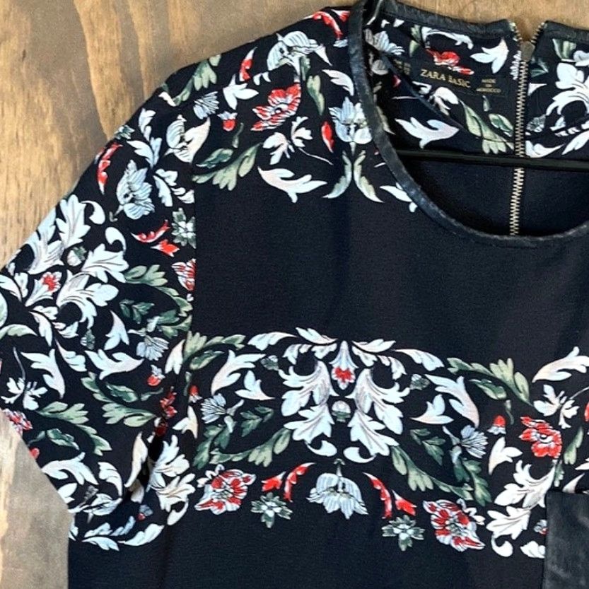 Zara Zara Basic Womens Shirt Black Multi Floral Short Sleeve Zipper Back XL XLarge Size XL / US 12-14 / IT 48-50 - 4 Thumbnail